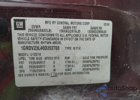 2006 Chevrolet Uplander Ls z USA, uszkodzony, nr VIN 1GNDV23L46D202708